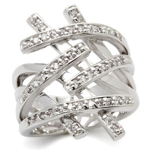 0W061 Rhodium Brass Ring with AAA Grade CZ in Clear - Joyeria Lady