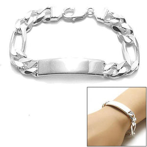 Handsome 11mm (300 Gauge) Sterling Silver Figaro Chain ID Bracelet with Engravable Plate. Available in 8" and 9" Lengths. - Joyeria Lady