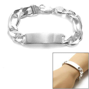 Gorgeous 13mm (350 Gauge) Sterling Silver Figaro Chain ID Bracelet with Engravable Plate. Available in 8" and 9" Lengths. - Joyeria Lady