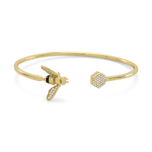 "BEE Mine!" 14 Karat Gold Plated and Signity CZ Bee Flex Cuff - Joyeria Lady
