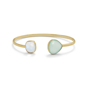 14 Karat Gold Plated Rainbow Moonstone and Green Chalcedony Split Bangle - Joyeria Lady
