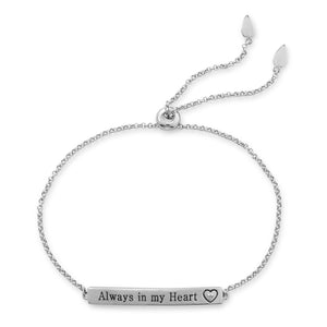 Rhodium Plated "Always in my Heart" Bar Bolo Bracelet with Diamond - Joyeria Lady