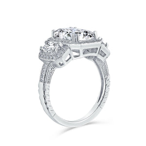 3CT Halo 3 Stone Emerald Cut CZ Engagement Ring CZ 925 Sterling Silver