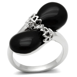 3W195 Rhodium Brass Ring with Semi-Precious in Jet - Joyeria Lady