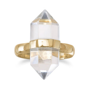 14 Karat Gold Plated Spike Pencil Cut Clear Quartz Ring - Joyeria Lady