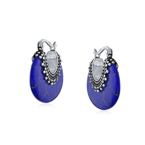 Boho Gemstone Crescent Hoop Earrings Caviar Bead 925 Sterling Silver