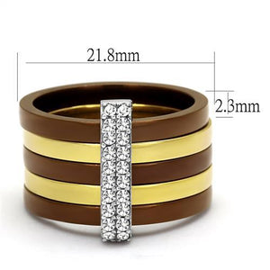 TK2601 - Three Tone IP(IP Gold & IP Light coffee & High Polished) Stainless Steel Ring with Top Grade Crystal  in Clear