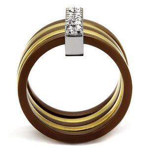 TK2601 - Three Tone IP(IP Gold & IP Light coffee & High Polished) Stainless Steel Ring with Top Grade Crystal  in Clear