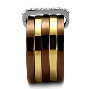 TK2601 - Three Tone IP(IP Gold & IP Light coffee & High Polished) Stainless Steel Ring with Top Grade Crystal  in Clear