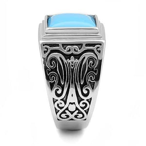 TK3188 High polished (no plating) Stainless Steel Ring with Synthetic in Sea Blue