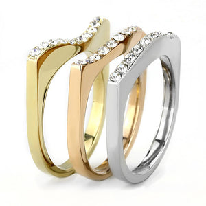 TK3234 - Three Tone IP(IP Gold & IP Rose Gold & High Polished) Stainless Steel Ring with Top Grade Crystal  in Clear