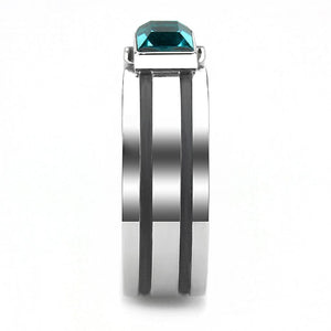 TK3291 High polished (no plating) Stainless Steel Ring with Top Grade Crystal in Blue Zircon