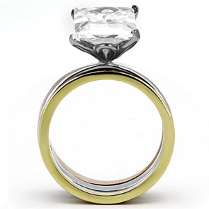 TK962 - Three Tone IP(IP Gold & IP Rose Gold & High Polished) Stainless Steel Ring with AAA Grade CZ  in Clear