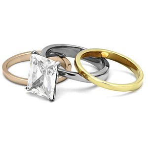 TK962 - Three Tone IP(IP Gold & IP Rose Gold & High Polished) Stainless Steel Ring with AAA Grade CZ  in Clear