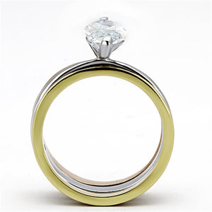 TK964 - Three Tone IP(IP Gold & IP Rose Gold & High Polished) Stainless Steel Ring with AAA Grade CZ  in Clear
