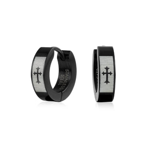 Laser Fleur De Lis Black Hoop Earrings Plated Stainless Steel - Joyeria Lady
