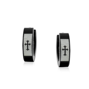 Laser Fleur De Lis Black Hoop Earrings Plated Stainless Steel