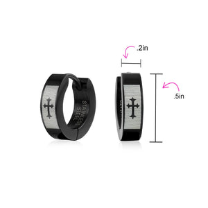 Laser Fleur De Lis Black Hoop Earrings Plated Stainless Steel