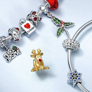 Saying Merry Christmas Holly Dangle Charm Bead 925 Sterling Silver