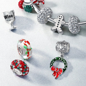 Red Green Candy Cane Stocking Crystal Charm Bead 925 Sterling Silver