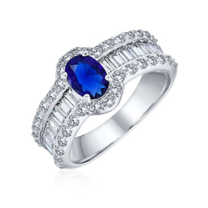 Art Deco Oval Solitaire Halo Blue CZ Engagement Ring Sterling Silver