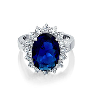 6CT Blue Oval Imitation Sapphire CZ Engagement Ring Sterling Silver