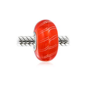 Orange Candy Cane Stripe Murano Glass Bead Charm 925 Sterling Silver
