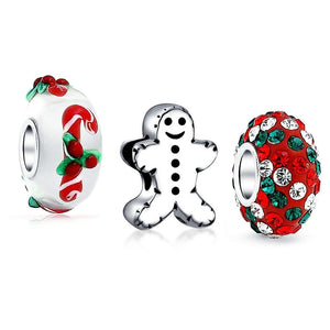 Gingerbread Cookie Stripe Crystal Candy Cane Charm Bead Set Sterling - Joyeria Lady