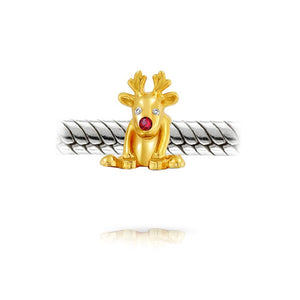 Rudolph Reindeer Red Nose Charm Bead Gold Plated Sterling Silver
