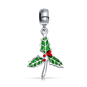 Holiday Christmas Mistletoe Holly Dangle Charm Bead Sterling Silver - Joyeria Lady