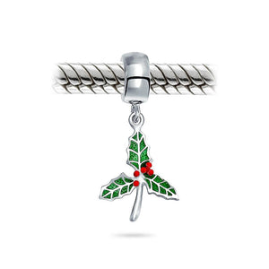 Holiday Christmas Mistletoe Holly Dangle Charm Bead Sterling Silver