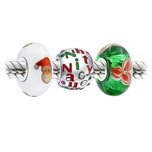 Christmas Poinsettia Santa Claus Naughty Nice Bead Charm Set Sterling