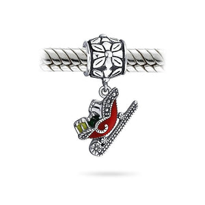 Christmas Red Santa Claus Sleigh Dangle Charm Bead 925 Sterling Silver