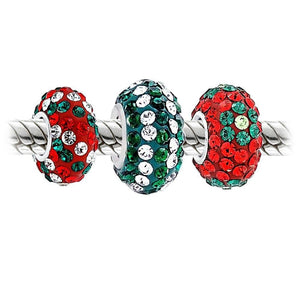 Christmas Red White Green Crystal Stripe Beads Charms Set Sterling