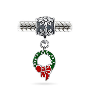 Holiday Christmas Green Wreath Red Bow Dangle Charm Bead 925 Sterling