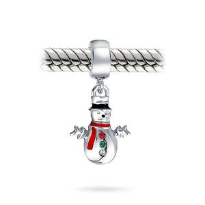 Holiday Christmas Crystal Snowman Dangle Charm Bead Sterling Silver