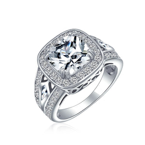 Art Deco 4CT Square Cushion Cut Solitaire Pave Halo CZ Engagement Ring