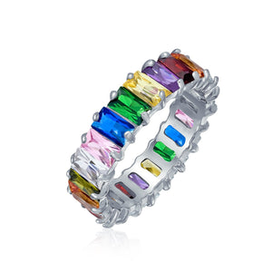 Clear Emerald Cut AAA CZ Eternity Wedding Band Ring Sterling Silver