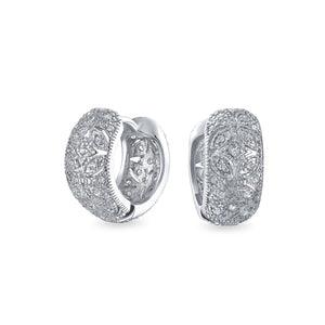Victorian Style Filigree Flower CZ Hoop Earrings Silver Tone - Joyeria Lady