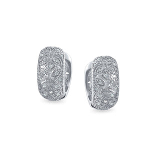 Victorian Style Filigree Flower CZ Hoop Earrings Silver Tone