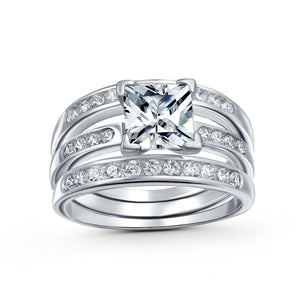 2CT Solitaire Princess Cut AAA CZ Engagement Ring Set Sterling Silver - Joyeria Lady