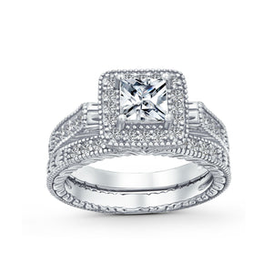 1CT Princess AAA CZ Engagement Wedding Ring Set 14K Plated 925 Silver