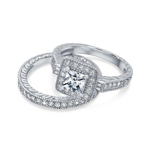 1CT Princess AAA CZ Engagement Wedding Ring Set 14K Plated 925 Silver