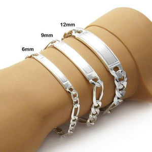 Stunning Sterling Silver Engravable Brushed Center Figaro ID Bracelet - Joyeria Lady