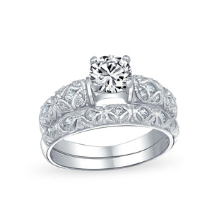 1CT Solitaire AAA CZ Engagement Wedding Band Ring Set Sterling Silver - Joyeria Lady