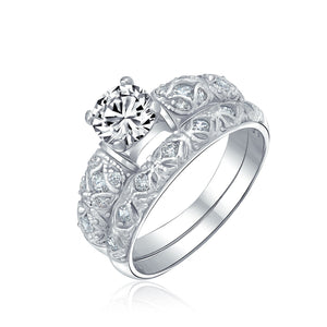 1CT Solitaire AAA CZ Engagement Wedding Band Ring Set Sterling Silver