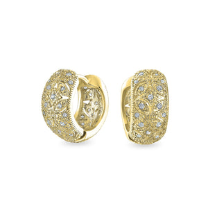 Victorian Style Filigree Flower CZ Hoop Earrings Silver Tone