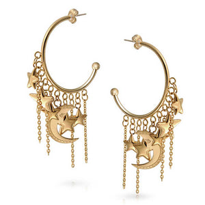 Trendy Moon Stars Dangling Charm Crescent Large Hoop Stud Earrings
