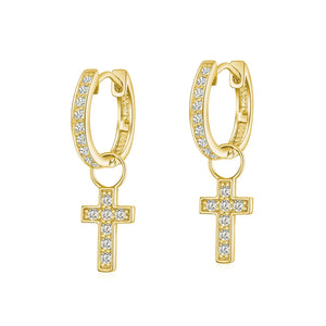 Delicate CZ Religious Cross Dangle Charm Hoop Earrings Gold Silver