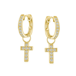 Delicate CZ Religious Cross Dangle Charm Hoop Earrings Gold Silver